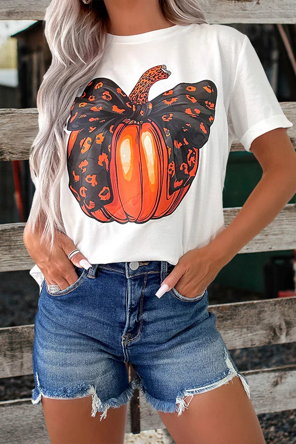 Leona™ | Camiseta de Calabaza con Lazo de Leopardo para Otoño y Halloween